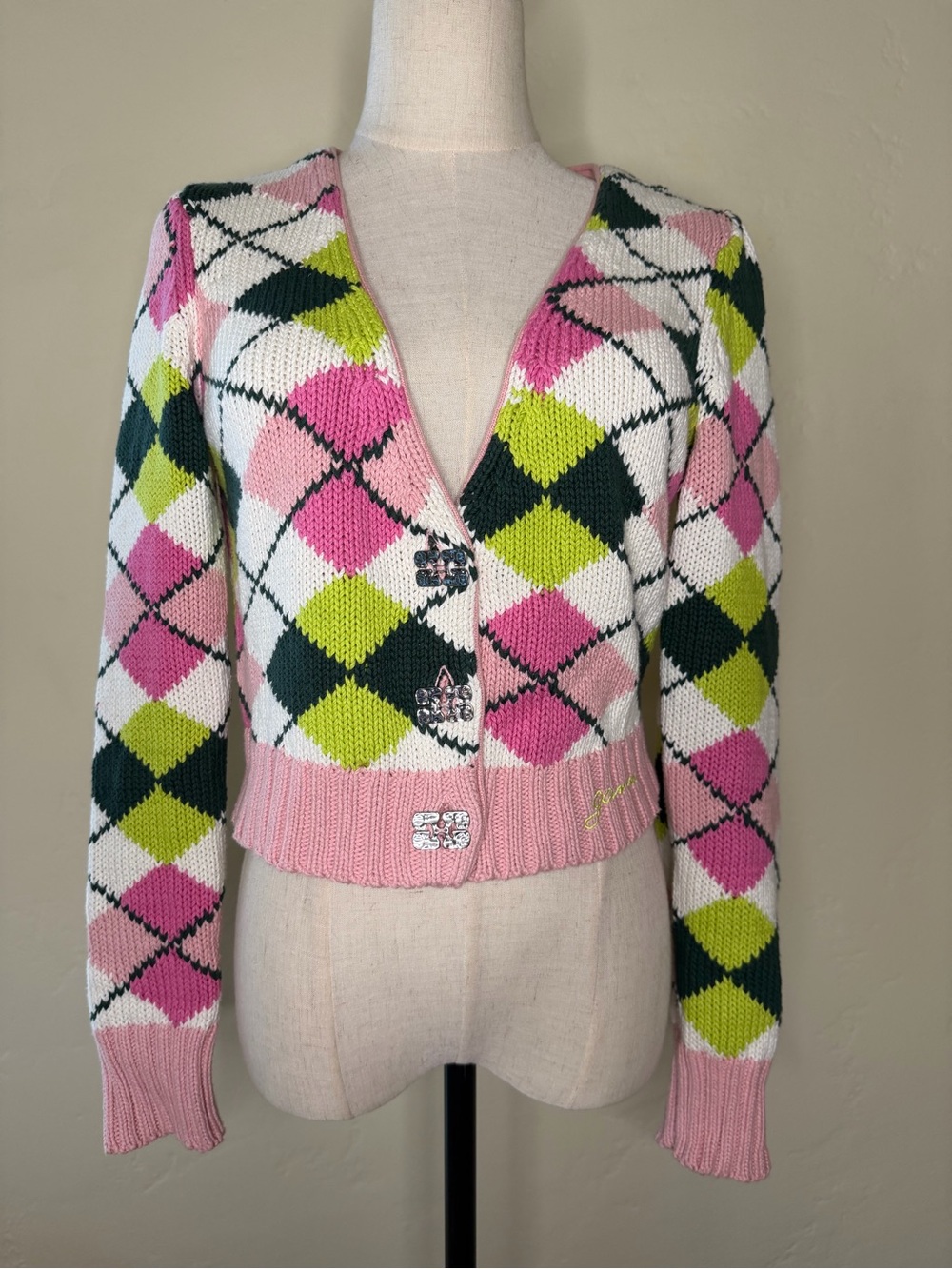 Ganni Pink White Green Argyle Cropped V-Neck Cardigan with Silver Buttons Size S